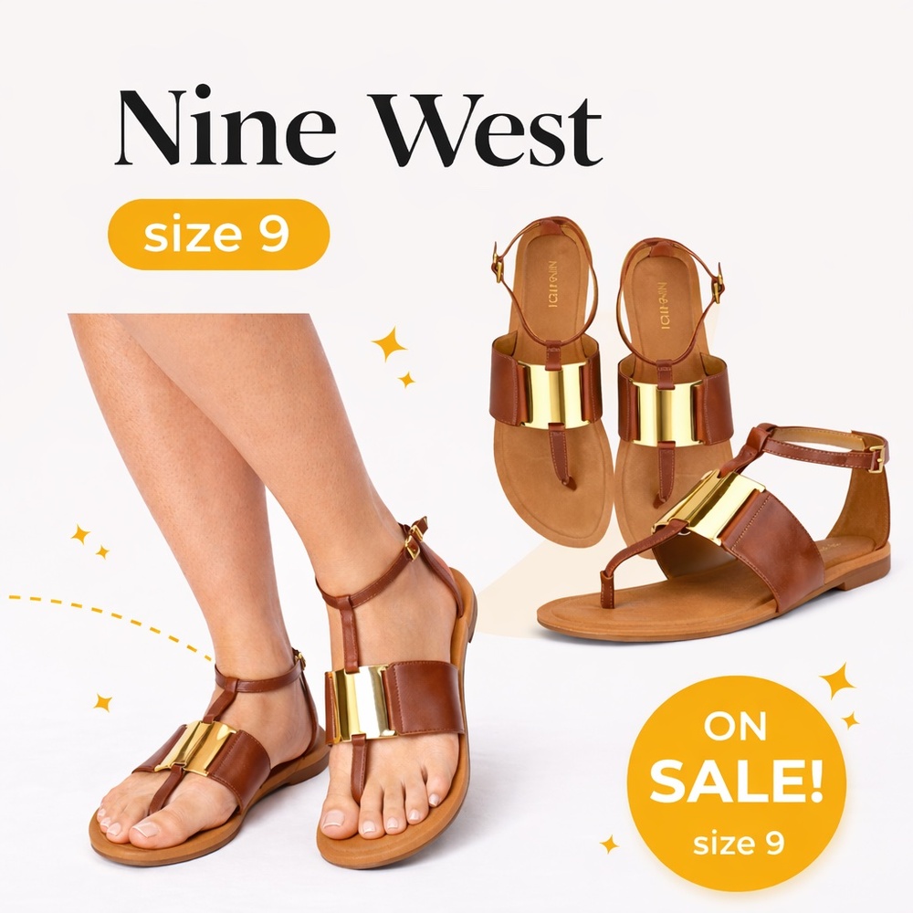 Nine West Performance Flat Thong Sandal in Brown Leather Size 9M NIB